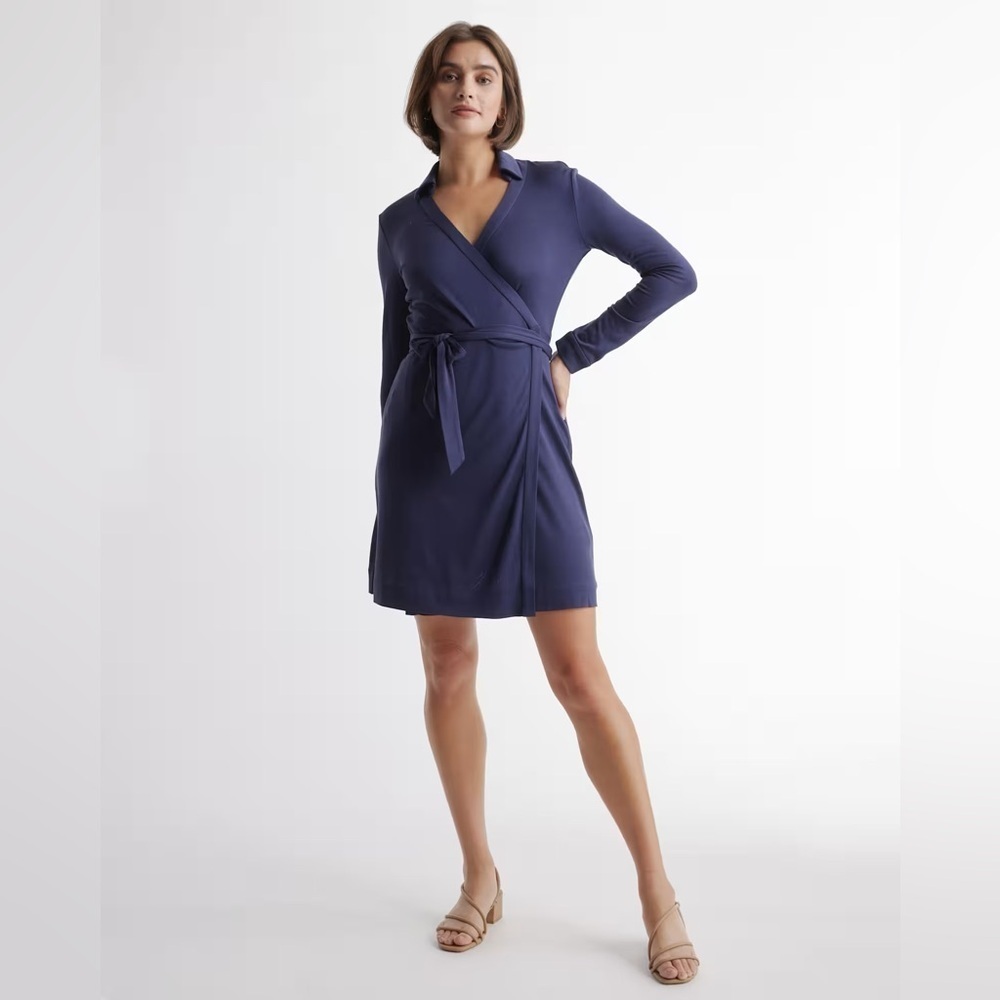 NWT Quince 100% Silk Jersey Mini Wrap Dress ~ Navy ~ Large